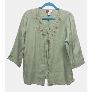 100% Linen womens top 16P JM Collection Petite sage Green button-up embellished